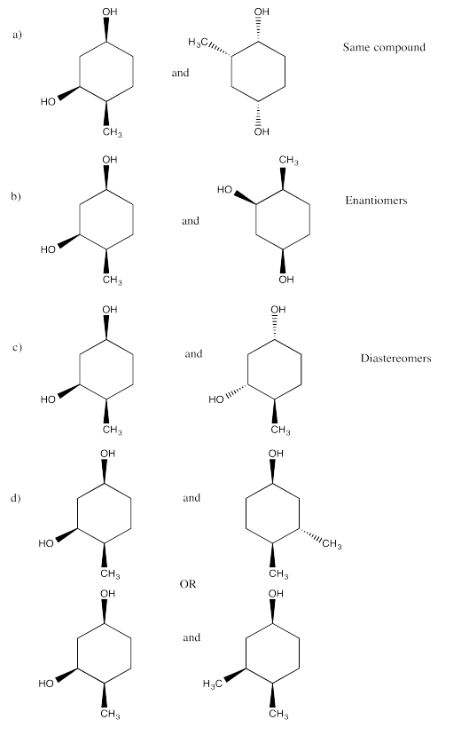 Respuestas al Ejercicio 5.20.12, del a al d, con cariaciones sobre 4-metil-1,3-ciclohexanodiol. a es el mismo compuesto. b es enantiómeros. c es diastereómeros. d muestra isómeros constitucionales.