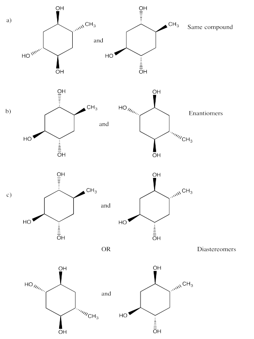 Respuestas al Ejercicio 5.20.12, de la a a la c, mostrando variaciones sobre el 2-metil-1,4,5-ciclohexanodiol. a muestra dos de los mismos compuestos. b es enantiómeros. c es diastereómeros.