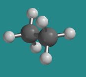Ball-and-stick model of ethane in staggered conformation; the hydrogens are 60 degrees apart.