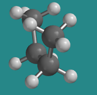 Modelo de bola y palo de butano en conformación eclipsada. Los grupos metilo terminales están abarrotados juntos.