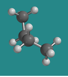 Ball-and-stick model in eclipsed conformation. The methyl group towards the front is in line with the posterior hydrogen.