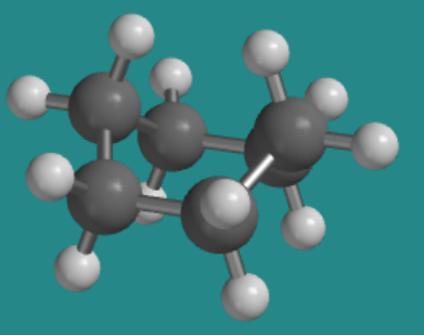 Modelo de bola y barra de ciclohexano. La cadena principal de carbono está doblada de tal manera que los átomos de carbono individuales se presionan estrechamente entre sí en lados opuestos del anillo; una forma “frunteada”.