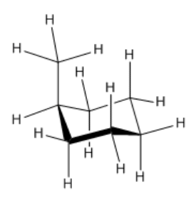 Proyección en silla de un ciclohexano, con un grupo metilo en posición axial.