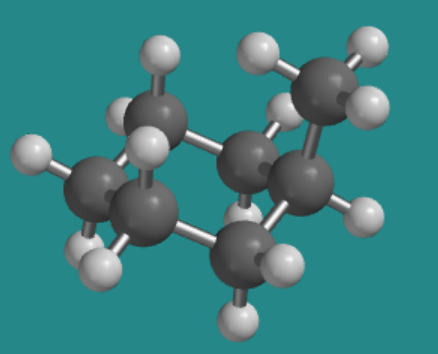Modelo de bola y varilla de metilciclohexano, con grupo metilo en posición axial.
