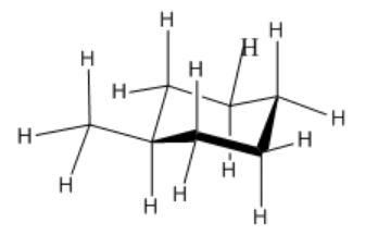 Chair projection of methylcyclohexane, with the methyl in the equatorial position.