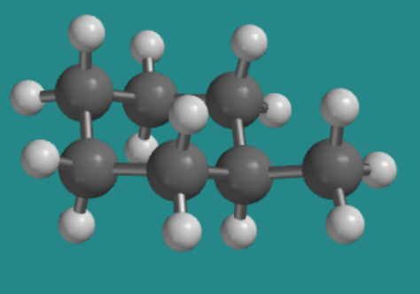 Modelo de bola y varilla de metilciclohexano, con grupo metilo en posición ecuatorial.
