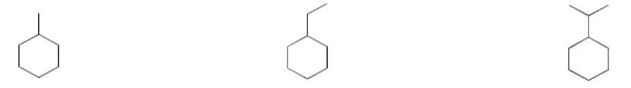 Exercise 6.9.1, with three molecules: methylcyclohexane, ethylcyclohexane, and isopropylcyclohexane.