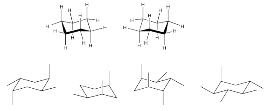 Exercise 6.9.3, with six different cyclohexanes. The top two are cyclohexane. The bottom four, from left to right, are 1,2,4,5-tetramethylcyclohexane, 1,2,4-trimethylcyclohexane, 1,2,3,4,5-pentamethylcyclohexane, and 1,2,3,4,5-pentamethylcyclohexane.