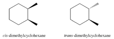 Skeletal structure of cis-1,2-dimethylcyclohexane, with both methyls represented as wedges, and trans-1,2-dimethylcyclohexane, with one methyl dashed and the other wedged.