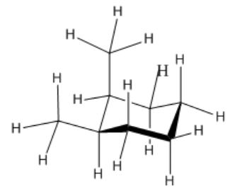 Line drawing of cis-1,2-dimethylcyclohexane. One methyl group is axial; the other is equatorial. Both point up.