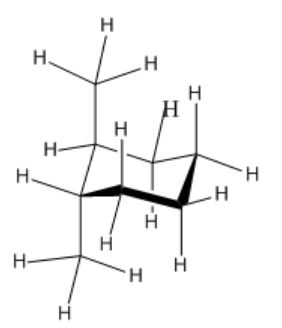 Dibujo lineal de trans-1,2-dimetilciclohexano. Ambos grupos metilo son axiales; uno apunta hacia arriba y el otro apunta hacia abajo.