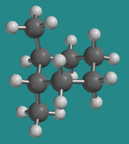 Ball-and-stick model of trans-1,2-dimethylcyclohexane. Both methyl groups are axial; one points up and the other points down.