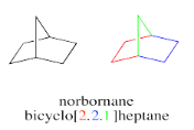 Estructura esquelética del norbornano, nombre sistemático de biciclo [2,2,1] heptano. El norbornano está compuesto por dos anillos fusionados entre sí, formando una molécula con un total de siete carbonos.