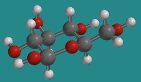 Modelo de bola y varilla de beta-D-glucopiranosa. La estructura se asemeja al tetrahidropirano con grupos hidroxi unidos a todos los carbonos.