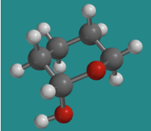 Ball-and-stick model of 1-hydroxytetrahydropyran. The hydroxy group points directly downward.