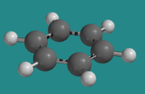 Ball-and-stick model of benzene, a completely planar hexagon.