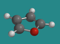 Ball-and-stick model of furan, a completely planar pentagon with an integral oxygen.