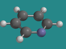 Ball-and-stick model of pyridine, a completely planar hexagon with an integral nitrogen.