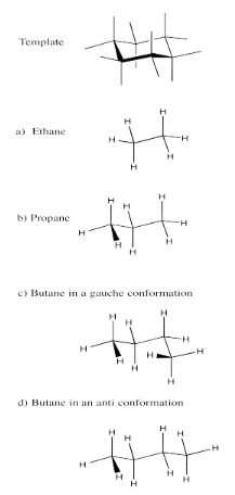 From top to bottom: Template of chair cyclohexane. A: Ethane. B: Propane. C: Butane, gauche conformation. D: Butane, anti conformation.