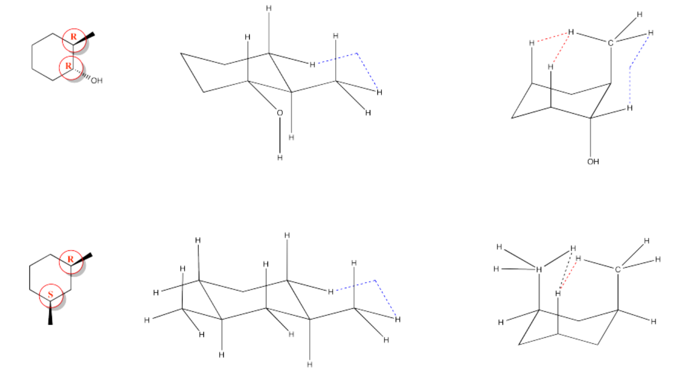 Conformaciones de silla axial y ecuatorial para (1R,2R) -2-metilciclohexan-1-ol y cis-1,3-ciclohexano.