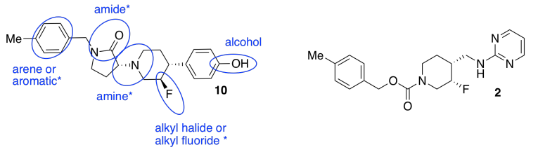 Moléculas orgánicas complejas con grupos funcionales marcados y resaltados.