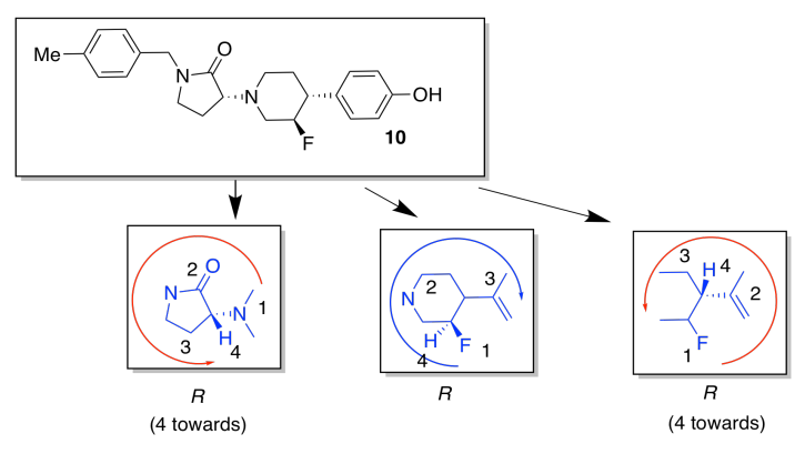 Molécula compleja con prioridades y asignación R/S para cada centro quiral.