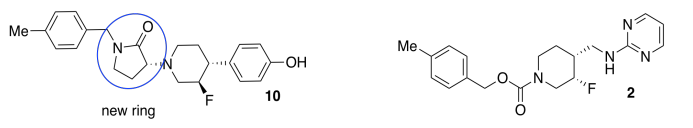 Left: new ring amide bond is circled in an organic molecule. Right: complex organic molecule.