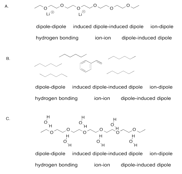 Mixtures A, B, and C of several molecules and choices of dipole-dipole, induce dipole-induced dipole, ion-dipole, hydrogen bonding, ion-ion, and dipole-induced dipole.