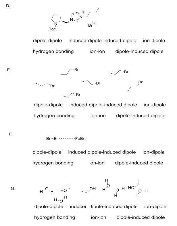 Mezclas D, E, F y G de varias moléculas y opciones de fuerzas intermoleculares.
