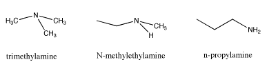 Skeletal structures of trimethylamine, N-methylethylamine, and n-propylamine.
