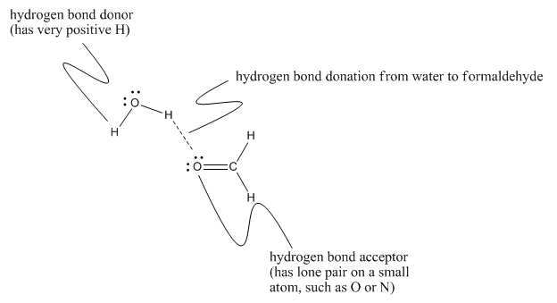 Hydrogen bond between hydrogen of water and oxygen lone pair of formaldehyde.