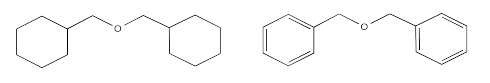 Dos estructuras esqueléticas: éter diciclohexílico y éter dibencílico.
