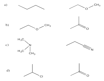 Respuestas al Ejercicio 7.5.4, de la a a la d. Moléculas más a la izquierda: butano, metoxietano, trimetilamina y 2-cloropropano. Moléculas más a la izquierda: metoxietano, propan-2-ona, propanitrilo, propan-2-ona.