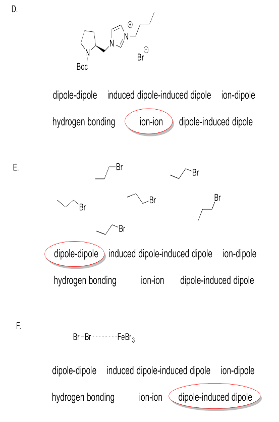 D: ión-ion. E: dipolo-dipolo. F: dipolo inducido por dipolo.