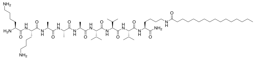 Péptido con cadena larga de hidrocarburos con un grupo amida en el aminoácido N-terminal. Algunas valinas reemplazan a las alaninas en la molécula original.