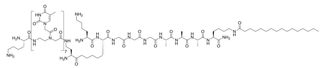 Péptido de cadena larga con un grupo sustituyente grande en el carbono C2 que contiene varios monómeros con anillos dicetónicos.