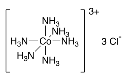 Cobalt with six NH3 groups bound to it, overall charge of +3. Three chlorine counterions are associated.