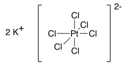 Platinum with six chlorine atoms bound to it, overall charge of -2. Two potassium counterions are associated.