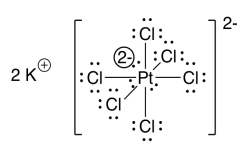 Platinum complex ion with six chlorine groups, overall charge of -2. Two potassium counterions.