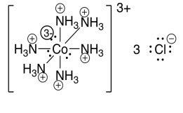 Cobalt complex ion with six protonated amino groups, overall charge of +3. Three chloride counterions.