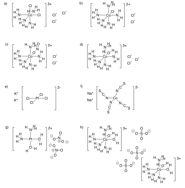 Respuestas al Ejercicio 11.1.2, de la a a la h, mostrando varios iones complejos de coordinación.