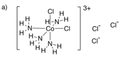 Cobalt complex ion with two chlorines bonded and four amino groups, overall charge of +3. Three chloride counterions.