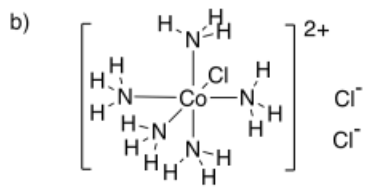 Cobalt complex ion with one chlorine bonded and five amino groups, overall charge of +2. Two chloride counterions.