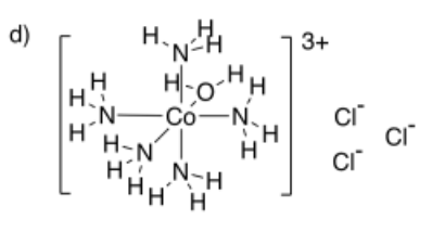 Cobalt complex ion with one water and five amino groups, overall charge of +3. Three chloride counterions.