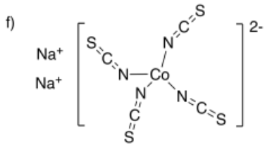 Cobalt complex ion with four thiosulfate groups, overall charge of -2. Two sodium counterions.
