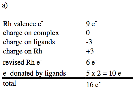 Rh valence e- (9 e-) + charge on complex (0) + charge on ligands (-3) + charge on Rh (+3) + revised Rh e- (6e-) + e- donated by ligands (5x2 = 10 e-) gives total 16 e-.