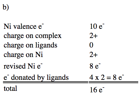 Ni valence e- (10 e-) + charge on complex (+2) + charge on ligands (0) + charge on Ni (+2) + revised Ni e- (8e-) + e- donated by ligands (4x2 = 8 e-) gives total 16 e-.