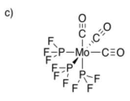 Complejo de coordinación de molibdeno con tres ligandos de monóxido de carbono y tres ligandos PF3.