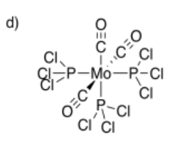 Molybdenum coordination complex with three carbon monoxide ligands and three PCl3 ligands.