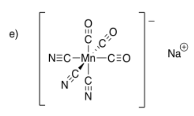 Manganese coordination complex with three carbon monoxide ligands and three cyanide ligands. Overall charge of -1. Sodium counterion.